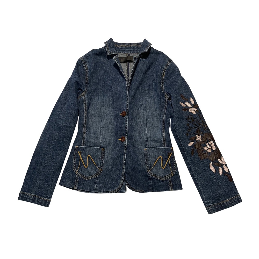 Votre Nom Jeans Embroidered Floral Denim Blazer Jacket Dark Wash Blue Size 4/36